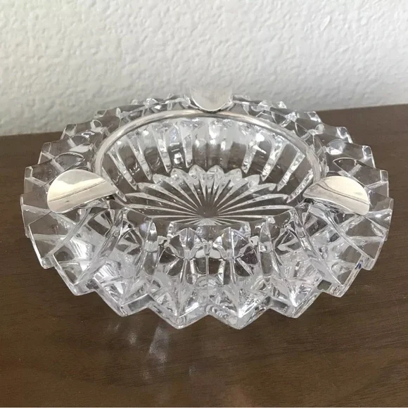 Mid Century Modern Ashtray Heavy Clear Cut Glass Silver Plate Starburst MCM - Picture 2 of 7